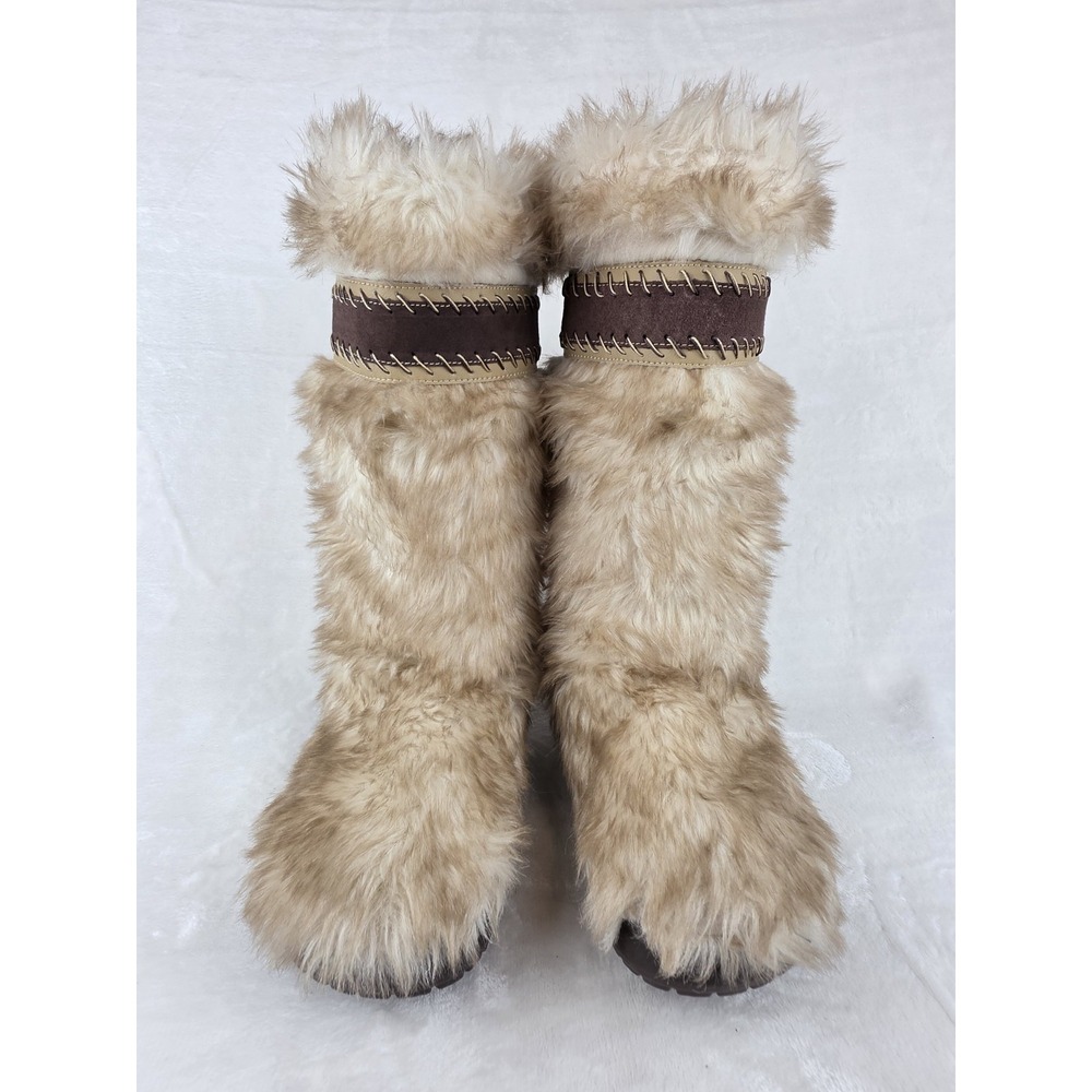 Crocs Tall Faux Fur Winter Boots Womens 7 Tan Fuzzy Yeti Style - Picture 2 of 9